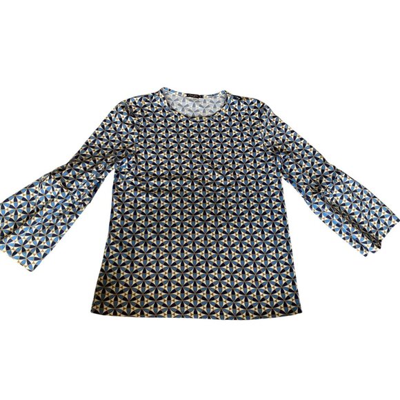 J. McLaughlin Top Size XS Blue Pinwheel Geometric Print Bell Sleeve Nylon Blend - Picture 4 of 11